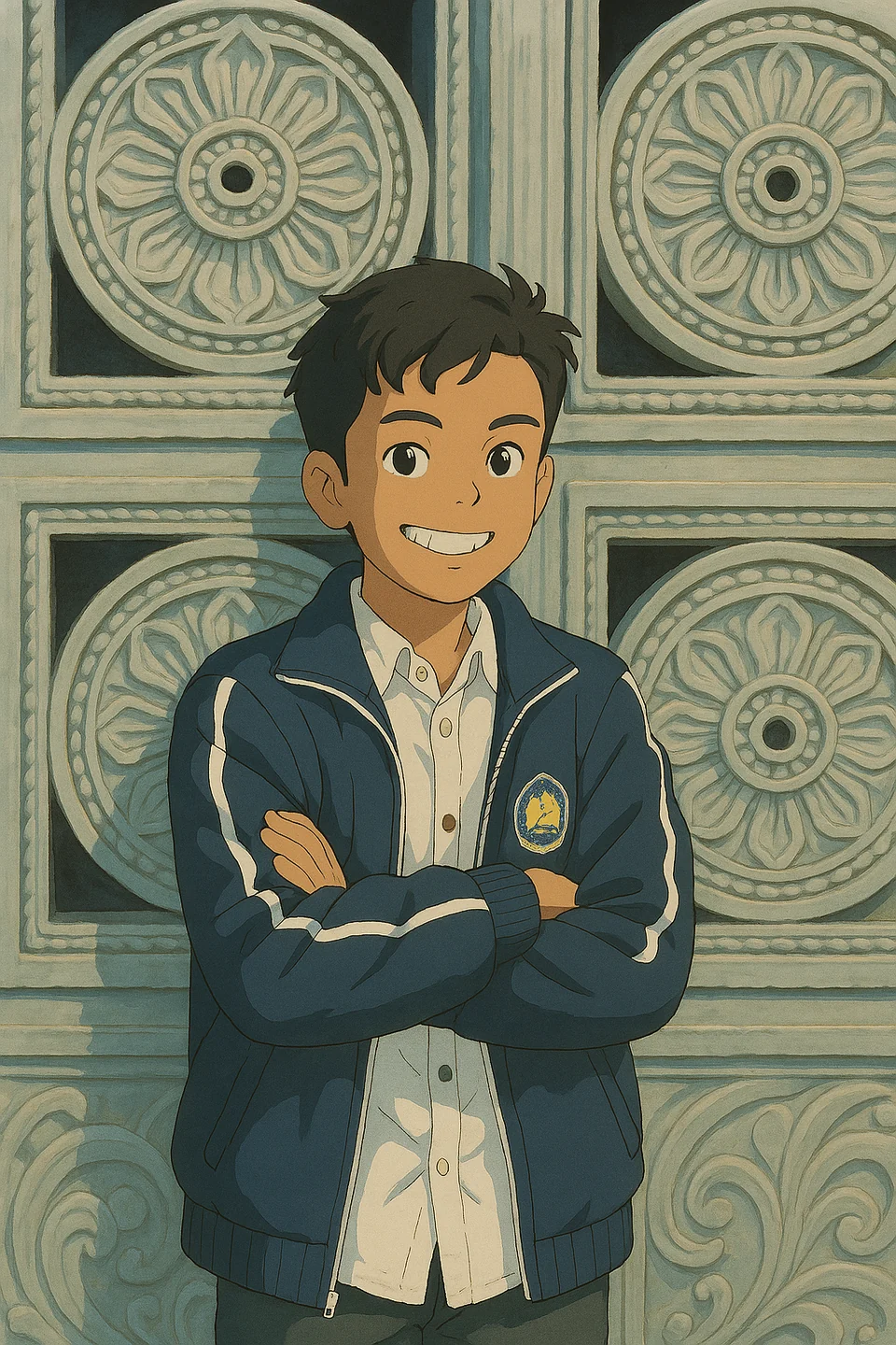 Illustrated portrait of Aung Myo Kyaw in a navy jacket